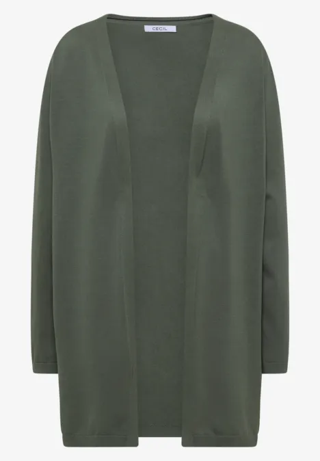 Donkergroene, opengebreide cardigan met lange pasvorm en lange mouwen.