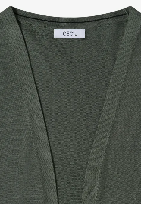 Donkergroene, open damescardigan met V-hals en een CECIL-label in de nek.