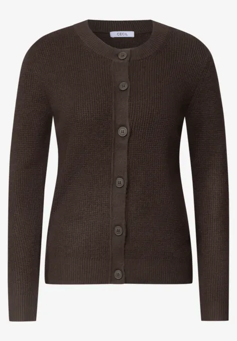Braune, knöpfbare Strickjacke mit Rundhalsausschnitt und langen Ärmeln