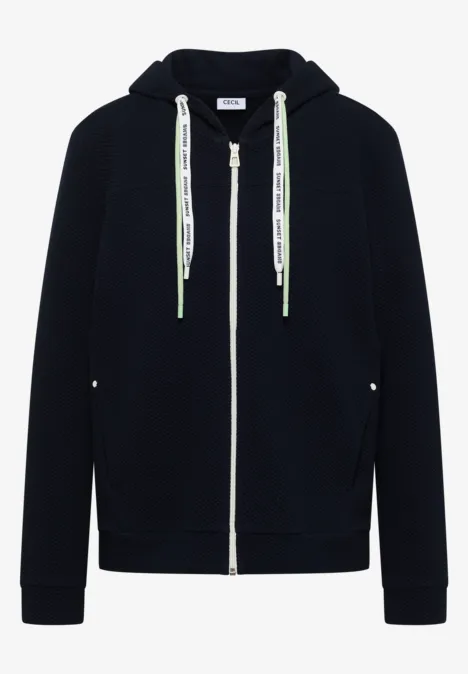 Sweatjacke mit Kapuze und Struktur urban dark blue Dunkelblauer Kapuzen-Sweater mit Reißverschluss und weiß bedruckten Kordeln.