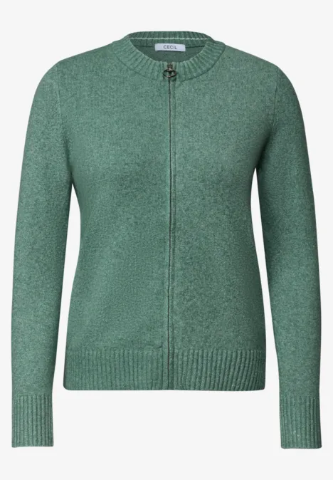 Langarm Cardigan mit Rundhals und Zipper jewel green melange Grüne Strickjacke mit durchgehendem Reißverschluss, Rippbündchen an Ärmeln und Saum.