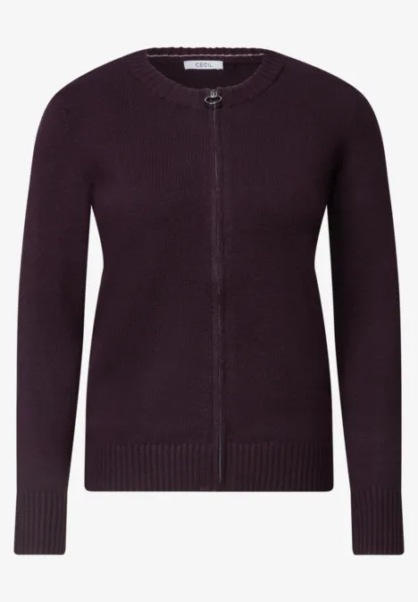 Langarm Cardigan mit Rundhals und Zipper eggplant red melange Dunkellila Strick-Cardigan mit Reißverschluss, Rundhals, langärmelig und geripptem Saum und Bündchen.