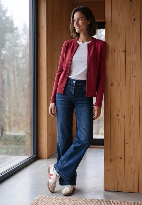 Frau in roter Strickjacke, weißem Shirt und Jeans lehnt entspannt am Fenster in modernem Holzhaus.