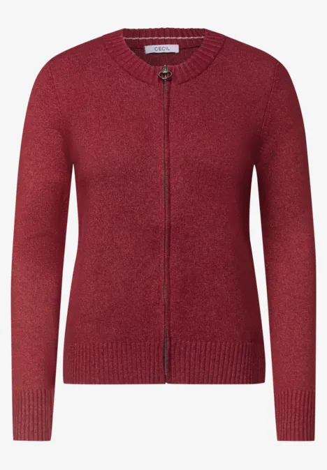Roter, langer Strickcardigan mit durchgehendem Reißverschluss und Rundhalsausschnitt.