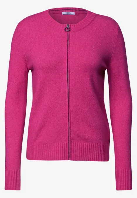 Langarm Cardigan mit Rundhals und Zipper pink flash Fuchsiafarbener Damen-Cardigan mit Rundhalsausschnitt und Reißverschluss vorn