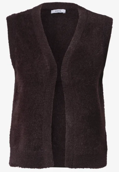 Ärmellose, flauschige Strickweste mit offenem Vorderteil in dunklem Braun.