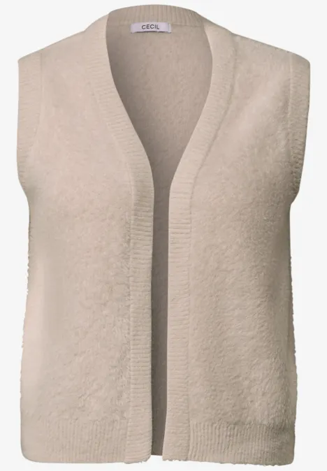Ärmellose Strickweste in Beige mit offenem Schnitt und V-Ausschnitt.