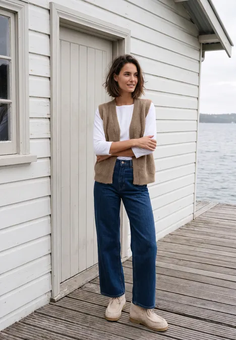 Frau mit Weste und Jeans steht lächelnd auf einem Steg vor einem weißen Haus am Wasser.