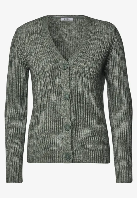 Dikke vest met V-hals en gemêleerd effect easy khaki melange Graugrüne, langärmlige Strick-Cardigan aus Rippstrick mit V-Ausschnitt und Frontknöpfen.