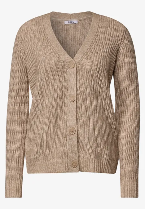 Dikke vest met V-hals en gemêleerde look creamy mocha melange Beige Strickjacke mit langen Ärmeln, V-Ausschnitt und Knopfleiste