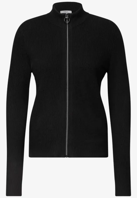 Zwarte, fijn geribbelde cardigan met doorlopende ritssluiting en opstaand kraagje.