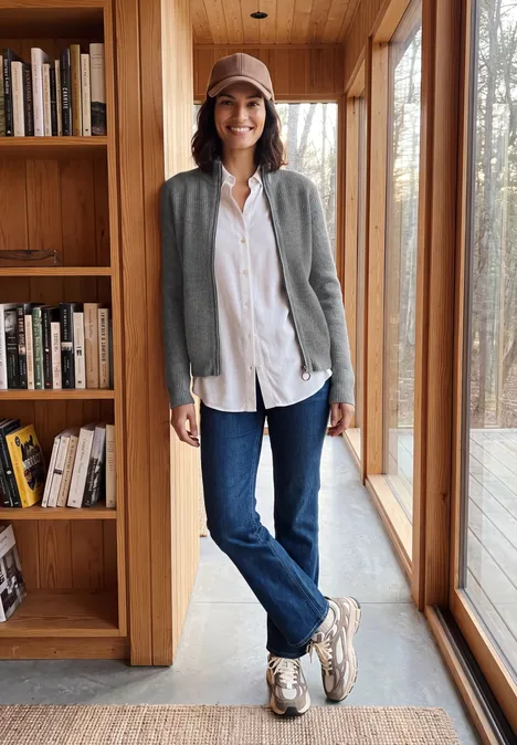 Eine lächelnde Frau in Jeans, weißer Bluse, grauer Strickjacke und Mütze steht in einem Holzraum an einem Bücherregal.