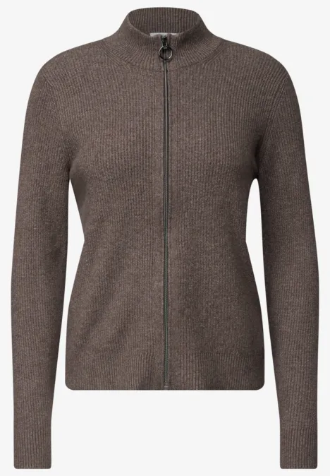 Cardigan mit Stehkragen und Zipper mushroom taupe melange Brauner Strickcardigan mit Reißverschluss, langärmlig und Stehkragen.
