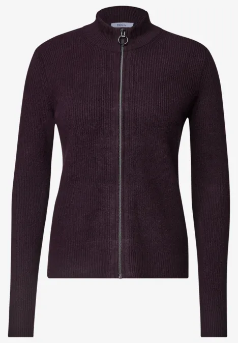 Vest met opstaande kraag en ritssluiting eggplant red melange Dunkelvioletter, schlichter Damen-Zip-Cardigan aus Rippstrick mit Stehkragen und durchgehendem Reißverschluss.
