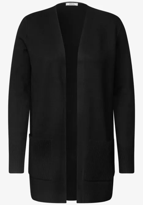 Lang vest met losse pasvorm Black Schwarze, offen geschnittene Strickjacke mit langen Ärmeln und Taschen.