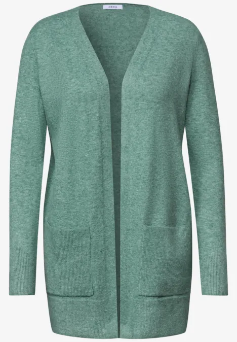 Długi kardigan o luźnym kroju jewel green melange Zielony, otwarty kardigan z dzianiny, długie rękawy i naszywane kieszenie.