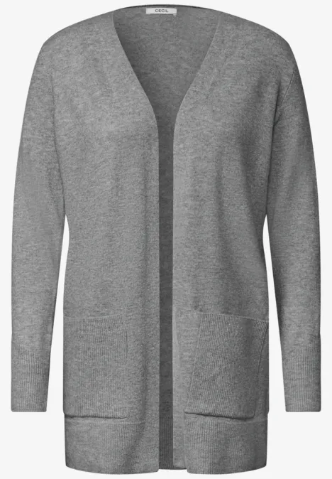 Długi kardigan o luźnym kroju sporty grey melange Szary melanżowy kardigan z dzianiny, długie rękawy, otwarty krój, dekolt w serek i naszywane kieszenie.