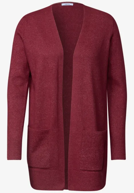 Elegante, offene Damen-Strickjacke in weinrot mit langen Ärmeln und aufgesetzten Fronttaschen.