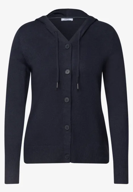 Langarm Cardigan mit Kapuze urban dark blue Dunkelblaue Strickjacke mit Knopfleiste und Kapuze.