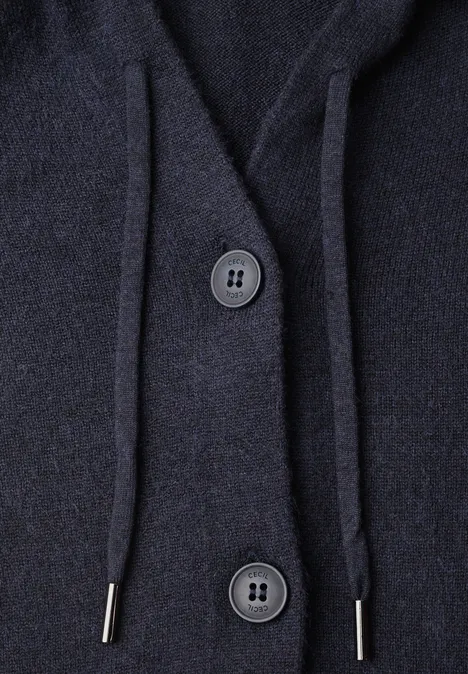 Langarm Cardigan mit Kapuze urban dark blue Dunkelblaue Strickjacke mit Kapuze, zwei Knöpfen und Kordeln