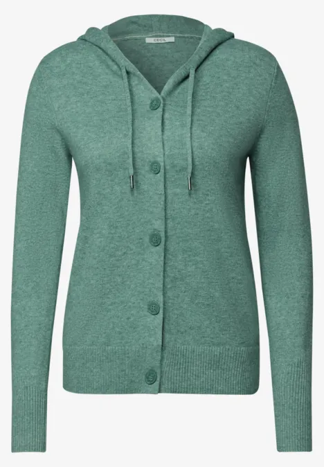 Groene gebreide cardigan met capuchon en knopen, lange mouwen