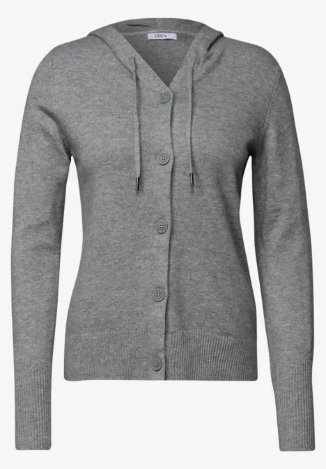 Grijze gebreide cardigan met capuchon en knoopsluiting, lange mouwen.