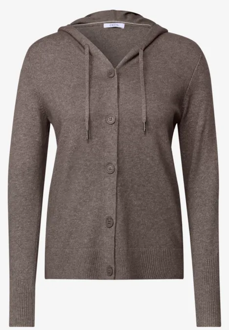 Brauner Kapuzenstrick-Cardigan mit Knopfleiste und langen Ärmeln.