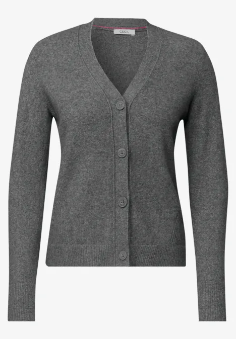 Anthrazitgraue Strickjacke mit V-Ausschnitt, langen Ärmeln und Knopfleiste.