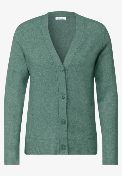 Lockere, grüne Strickjacke mit V-Ausschnitt und Knopfleiste.