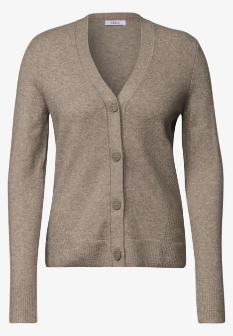 Beżowy sweter rozpinany z dekoltem w serek i guzikami, długie rękawy, prosty i elegancki.