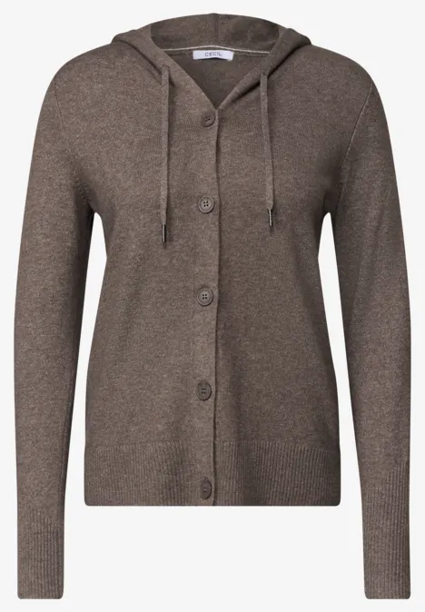 Brauner Kapuzen-Strickcardigan mit Knopfleiste und langen Ärmeln