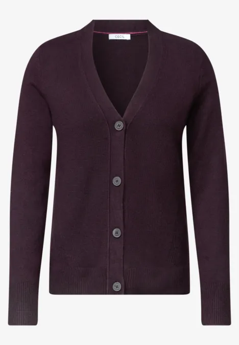 Dunkelviolette Strickjacke mit V-Ausschnitt und Knopfleiste, langärmlig, schlichtes Design