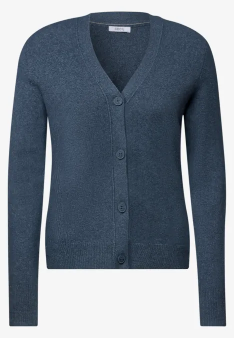 Kardigan z dekoltem w szpic i Listwą guzikową cotton blue melange Granatowy damski sweter rozpinany na guziki z dekoltem w serek.