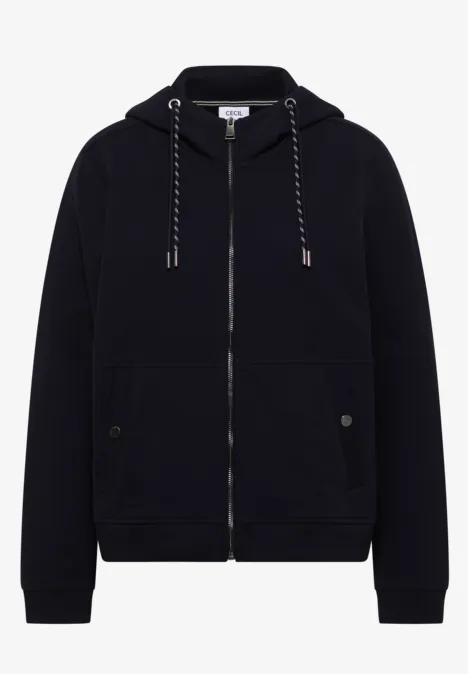 Schwarzer Kapuzenpullover mit Reißverschluss, Kängurutaschen und kontrastierenden Zugbändern.