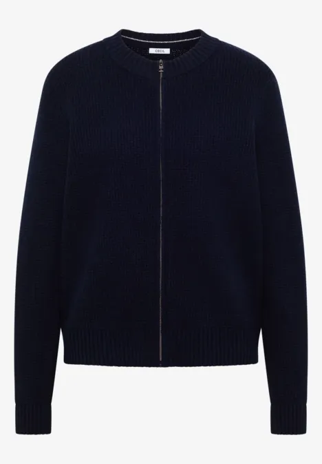 Cardigan en maille bleu foncé, zip sur le devant et encolure ronde, design épuré.