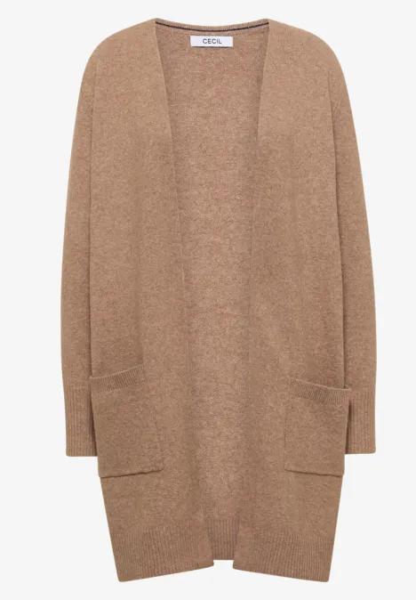 Lichtbruine, open gebreide cardigan met lange mouwen en ingestikte zakken.