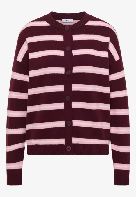 Cardigan bordeaux à rayures horizontales rose pâle, col rond et boutonnage frontal.
