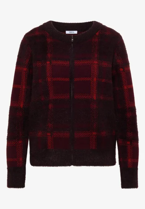 Federgarn Cardigan mit Rundhals red wine Rote-schwarze Strickjacke mit Karomuster und Reißverschluss, langärmlig