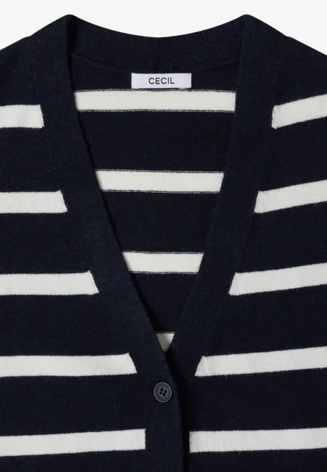 Vest met V-hals en strepen urban dark blue melange Dunkelblauer Cardigan mit weißen Streifen, V-Ausschnitt und Knopf, mit „CECIL“-Label.