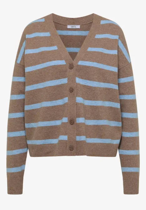 Vest met V-hals en strepen urban taupe melange Brauner Cardigan mit hellblauen Streifen und V-Ausschnitt.