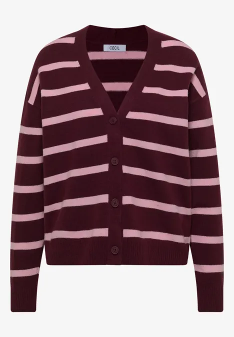 Vest met V-hals en strepen red wine melange Damen-Strickjacke in Burgunderrot mit hellrosa Querstreifen, V-Ausschnitt und Knopfleiste.