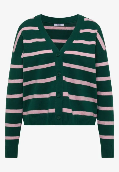 Vest met V-hals en strepen dark fir green melange Grüne Strickjacke mit rosa Querstreifen und Knopfleiste.