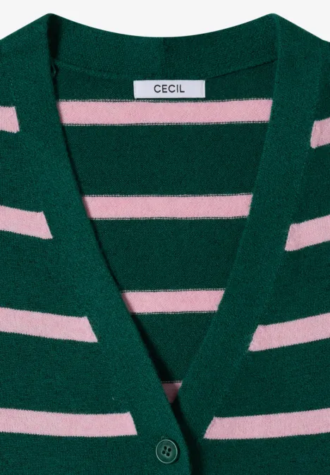 Vest met V-hals en strepen dark fir green melange Grün-rosa gestreifter V-Neck-Cardigan mit Knopfleiste und Label-Aufnäher.