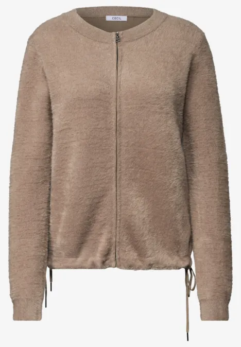Federgarn Cardigan mit Rundhals creamy mocha melange Beiger Teddy-Fleece-Blouson mit Reißverschluss und Kordelzug am Saum.