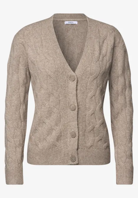 Cardigan mit V-Neck und Zopfmuster toffee cream melange Beiger Damen-Cardigan mit Zopfmuster, V-Ausschnitt, langen Ärmeln und Knopfleiste.