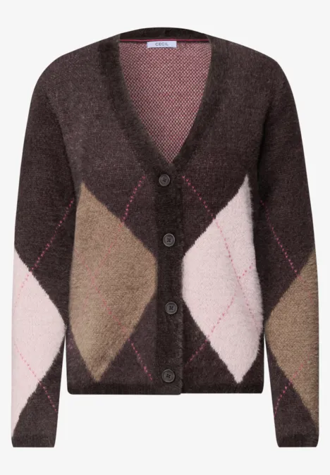 Cardigan mit V-Neck und Argyle-Muster truffle brown Braune Strickjacke mit Argyle-Muster in Beige und Rosa, Knopfleiste und weichem Flauschgarn.