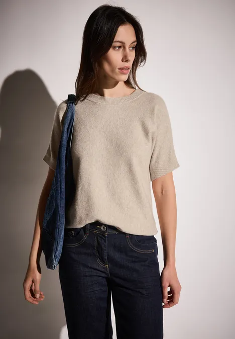 Feinstrick Kurzarmpullover desert beige melange