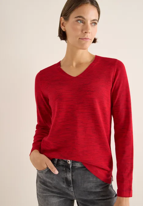 V-Neck Pullover fiery red heather melange