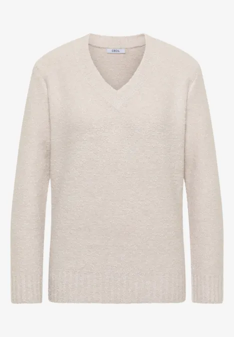 Trui met bouclé V-hals light greige