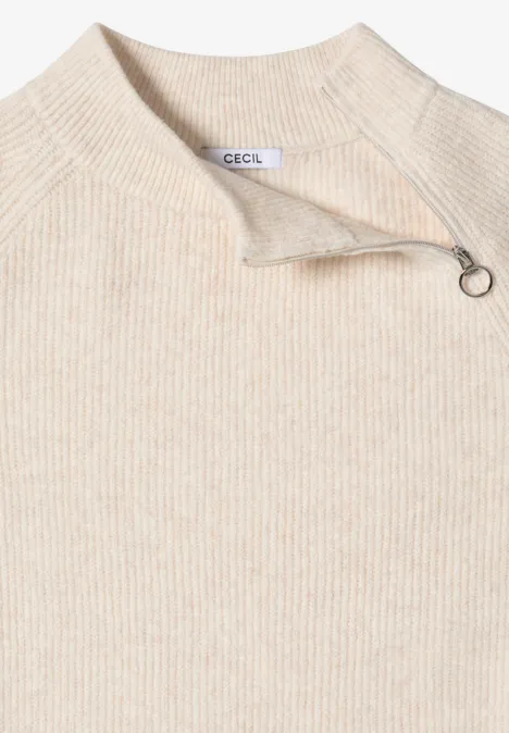 Strukturpullover mit Zipper oat milk beige melange
